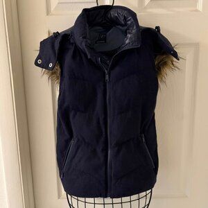 Gap Navy Blue Wool Puffer  Vest w/Faux Fur-Lined Hood Primaloft Vegan Down Sz XS